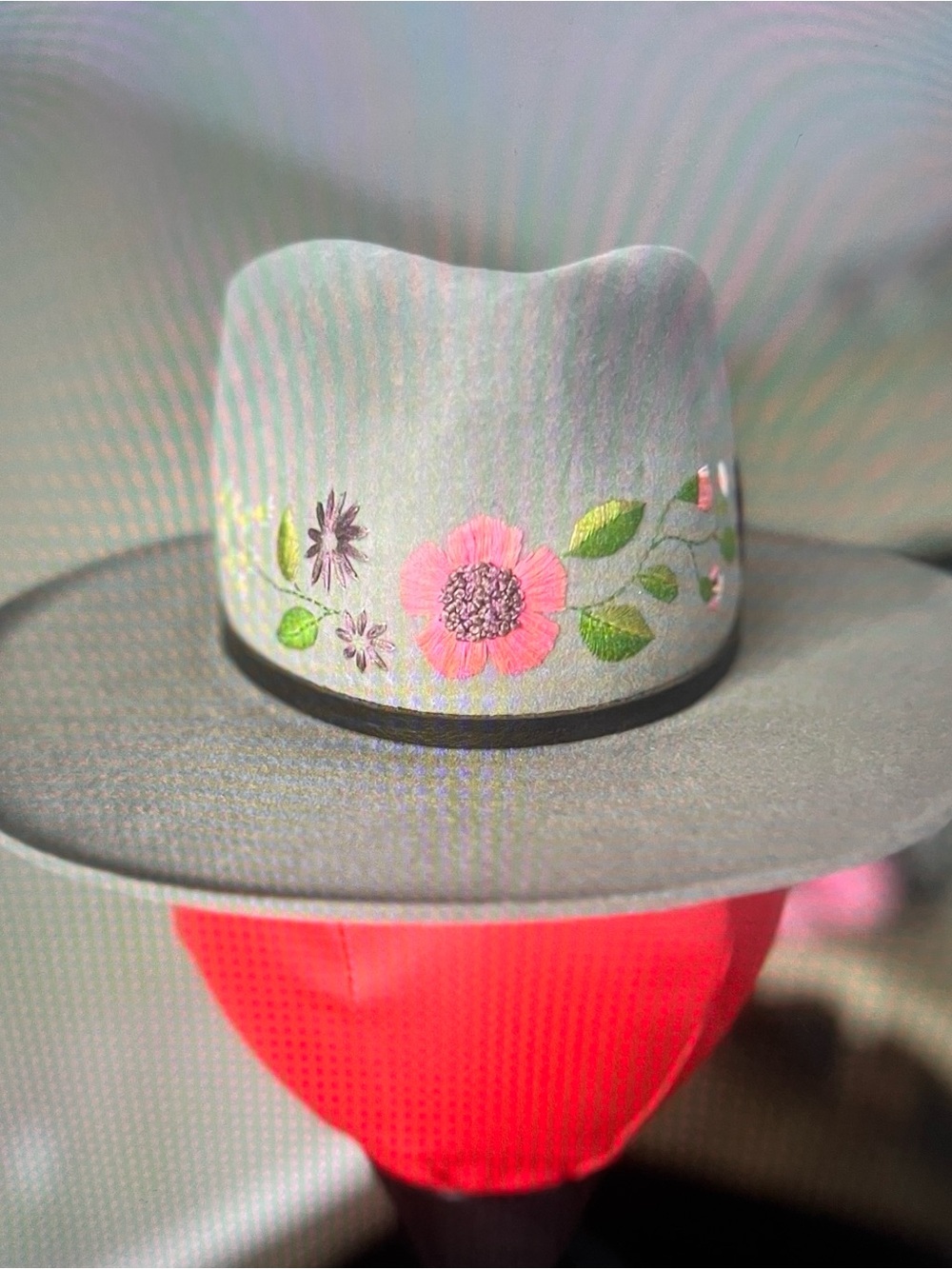 Embroidered Floral Gray Felt Fedora Hat - Pink Flower Accent